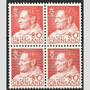 FRIMRKER GRNLAND | 1963 - AFA 57 - Kong Frederik IX - 80 re orangegul i 4-blok - Postfrisk