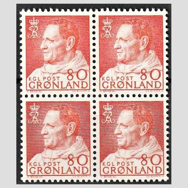 FRIMRKER GRNLAND | 1963 - AFA 57 - Kong Frederik IX - 80 re orangegul i 4-blok - Postfrisk