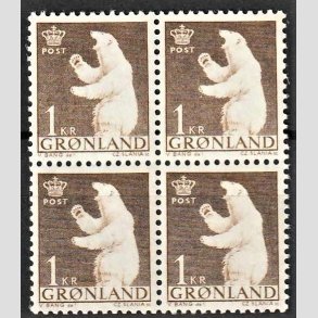 FRIMRKER GRNLAND | 1963 - AFA 58 - Polarbjrn - 1 kr. brun i 4-blok - Postfrisk