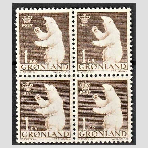 FRIMRKER GRNLAND | 1963 - AFA 58 - Polarbjrn - 1 kr. brun i 4-blok - Postfrisk