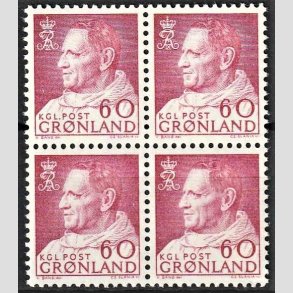 FRIMRKER GRNLAND | 1968 - AFA 69 - Kong Frederik IX - 60 re rdlilla i 4-blok - Postfrisk
