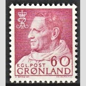 FRIMRKER GRNLAND | 1968 - AFA 69 - Kong Frederik IX - 60 re rdlilla - Postfrisk