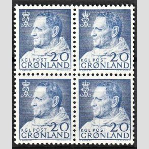 FRIMRKER GRNLAND | 1963 - AFA 52 - Kong Frederik IX - 20 re bl i 4-blok - Postfrisk