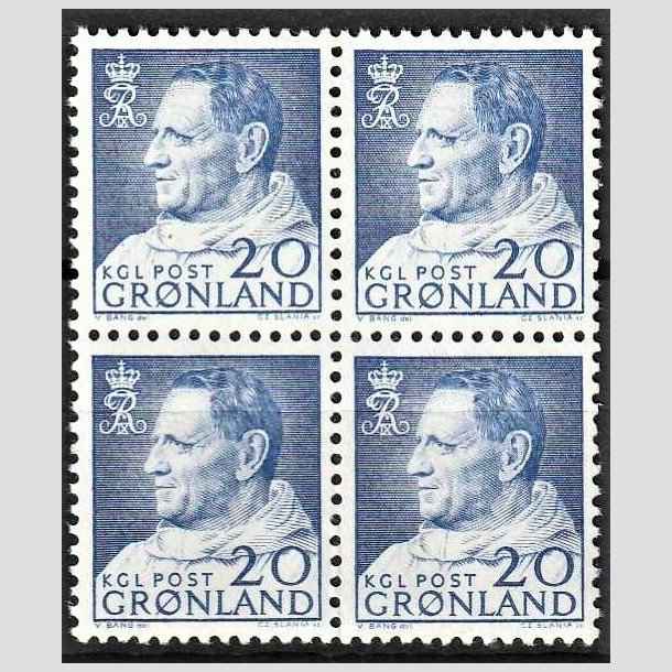 FRIMRKER GRNLAND | 1963 - AFA 52 - Kong Frederik IX - 20 re bl i 4-blok - Postfrisk