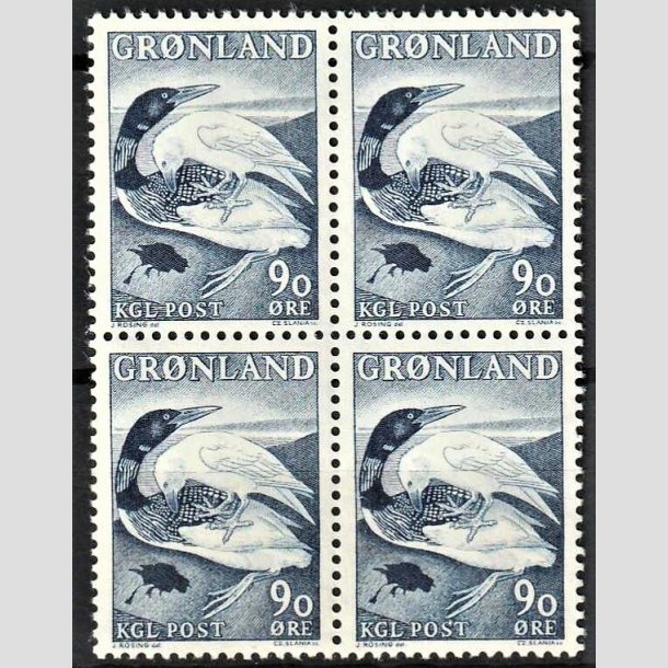 FRIMRKER GRNLAND | 1967 - AFA 68 - Islommen og Ravnen - 90 re bl i 4-blok - Postfrisk