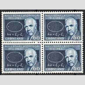 FRIMRKER GRNLAND | 1963 - AFA 63 - Niels Bohr - 60 re mrkbl i 4-blok - Postfrisk