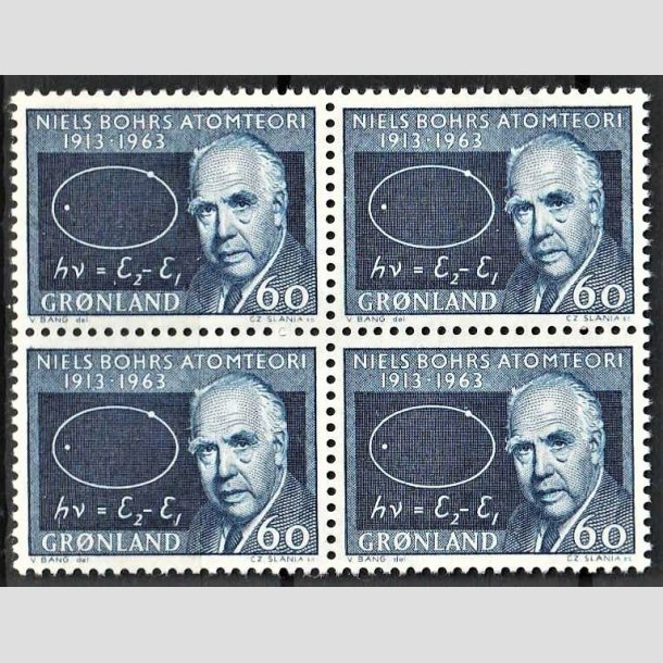 FRIMRKER GRNLAND | 1963 - AFA 63 - Niels Bohr - 60 re mrkbl i 4-blok - Postfrisk