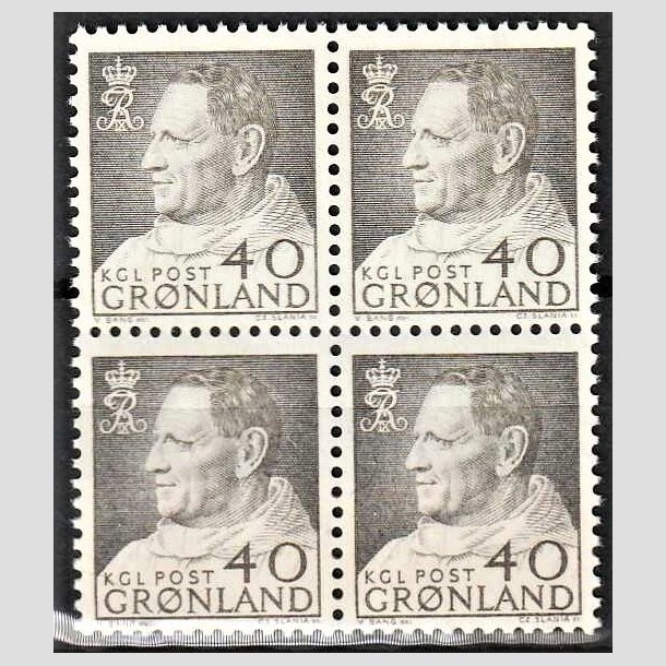FRIMRKER GRNLAND | 1963 - AFA 55 - Kong Frederik IX - 40 re gr i 4-blok - Postfrisk