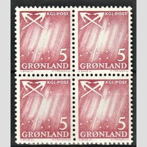 FRIMRKER GRNLAND | 1963 - AFA 48 - Nordlys - 5 re vinrd i 4-blok - Postfrisk
