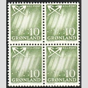 FRIMRKER GRNLAND | 1963 - AFA 49 - Nordlys - 10 re grn i 4-blok - Postfrisk