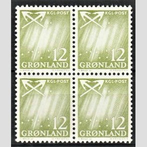 FRIMRKER GRNLAND | 1963 - AFA 50 - Nordlys - 12 re gulgrn i 4-blok - Postfrisk