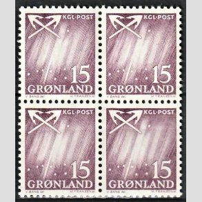 FRIMRKER GRNLAND | 1963 - AFA 51 - Nordlys - 15 re violet i 4-blok - Postfrisk