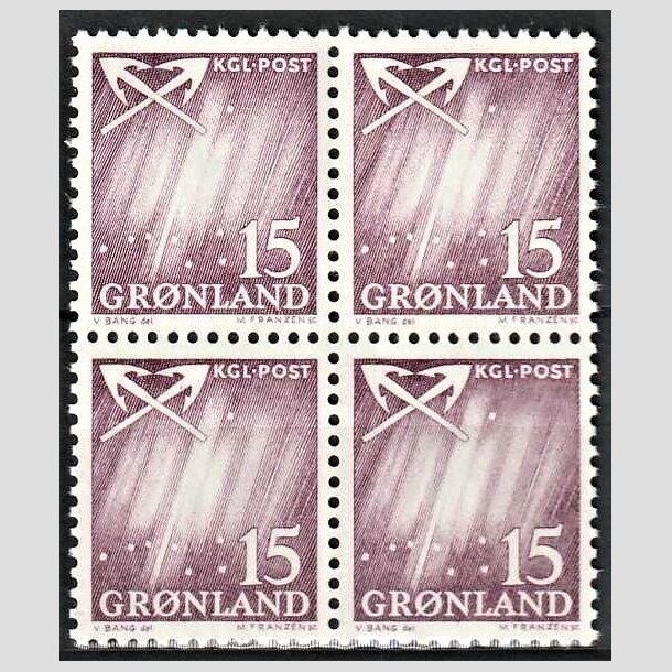 FRIMRKER GRNLAND | 1963 - AFA 51 - Nordlys - 15 re violet i 4-blok - Postfrisk