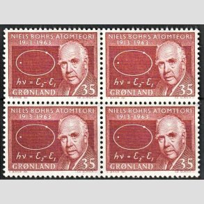 FRIMRKER GRNLAND | 1963 - AFA 62 - Niels Bohr - 35 re rdbrun i 4-blok - Postfrisk