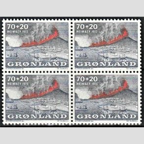 FRIM�RKER GR�NLAND | 1973 - AFA 86 - Heimaey, Vulkanudbrud - 70 + 20 �re bl�/gr�/r�d i 4-blok - Postfrisk