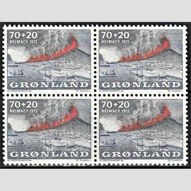 FRIMRKER GRNLAND | 1973 - AFA 86 - Heimaey, Vulkanudbrud - 70 + 20 re bl/gr/rd i 4-blok - Postfrisk