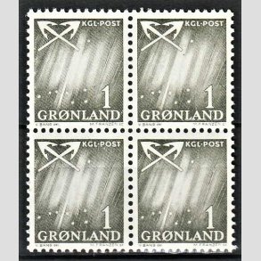 FRIMRKER GRNLAND | 1963 - AFA 47 - Nordlys - 1 re grnsort i 4-blok - Postfrisk