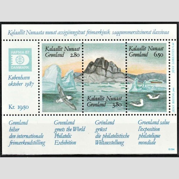 FRIMRKER GRNLAND | 1987 - AFA 169-71 - Hafnia 87 - Miniark flerfarvet - Postfrisk