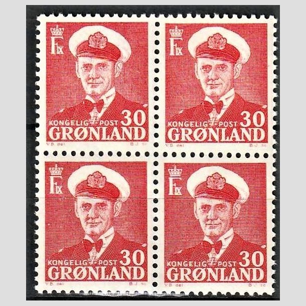 FRIMRKER GRNLAND | 1959 - AFA 44 - Frederik IX - 30 re rd i 4-blok - Postfrisk