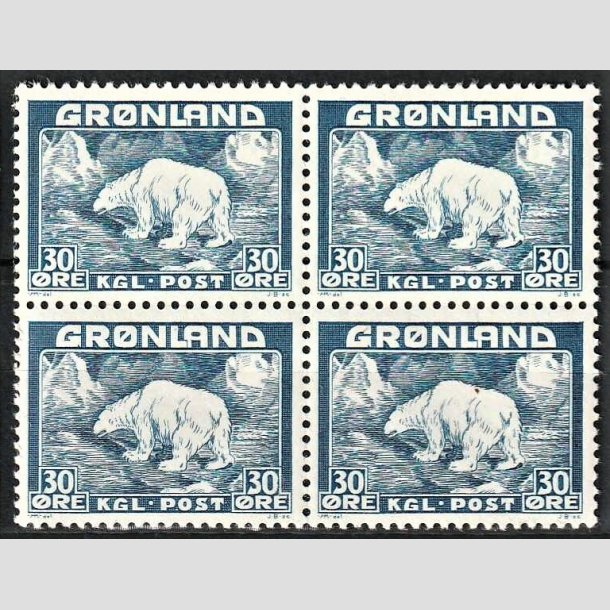 FRIMRKER GRNLAND | 1938 - AFA 6 - Isbjrn - 30 re bl i 4-blok - Postfrisk