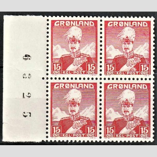 FRIMRKER GRNLAND | 1938 - AFA 5 - Christian X - 15 re rd i 4-blok - Postfrisk