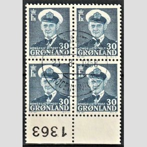 FRIMRKER GRNLAND | 1953 - AFA 36 - Frederik IX - 30 re bl i 4-blok - Med det sjldne 1363 marginalnummer - Flot stemplet