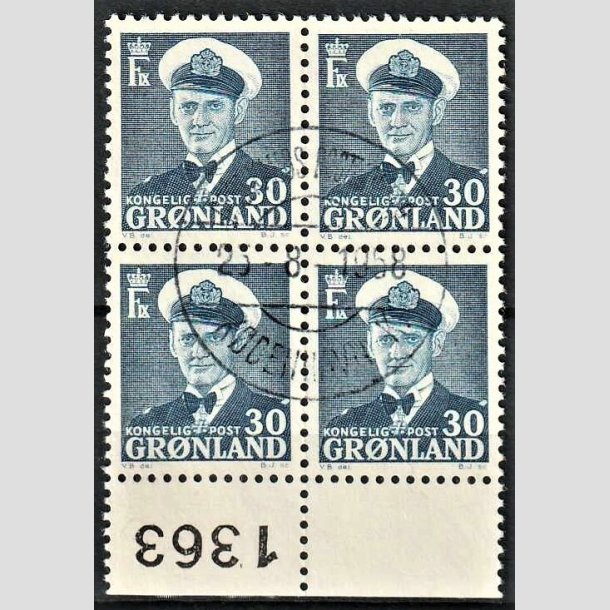FRIMRKER GRNLAND | 1953 - AFA 36 - Frederik IX - 30 re bl i 4-blok - Med det sjldne 1363 marginalnummer - Flot stemplet