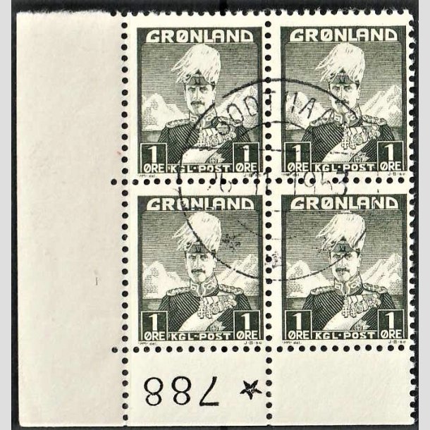 FRIMRKER GRNLAND | 1938 - AFA 1 - Christian X - 1 re grnsort type 1 i 4-blok med marginal 788 - Flot stemplet