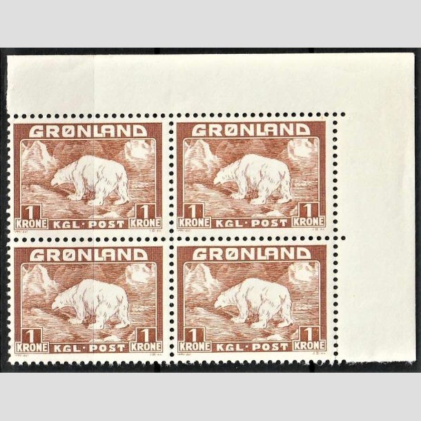 FRIMRKER GRNLAND | 1938 - AFA 7 - Isbjrn - 1 kr. gulbrun i 4-blok med vre marginal - Postfrisk