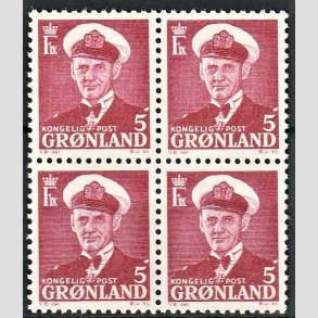 FRIMRKER GRNLAND | 1950 - AFA 29 - Kong Frederik IX - 5 re vinrd i 4-blok - Postfrisk