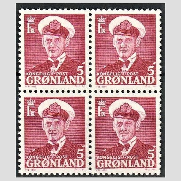 FRIMRKER GRNLAND | 1950 - AFA 29 - Kong Frederik IX - 5 re vinrd i 4-blok - Postfrisk