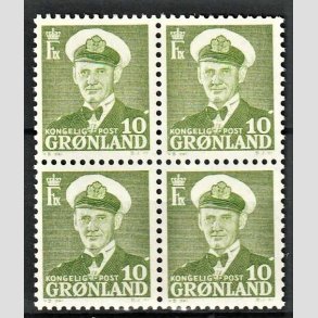 FRIMRKER GRNLAND | 1950 - AFA 30 - Kong Frederik IX - 10 re grn i 4-blok - Postfrisk