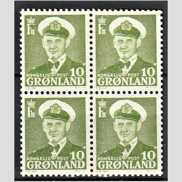 FRIMRKER GRNLAND | 1950 - AFA 30 - Kong Frederik IX - 10 re grn i 4-blok - Postfrisk