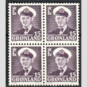FRIMRKER GRNLAND | 1950 - AFA 31a - Kong Frederik IX - 15 re lilla i 4-blok - Postfrisk