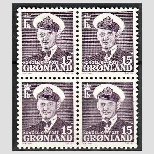 FRIMRKER GRNLAND | 1950 - AFA 31a - Kong Frederik IX - 15 re lilla i 4-blok - Postfrisk