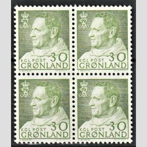 FRIMRKER GRNLAND | 1968 - AFA 71 - Kong Frederik IX - 30 re grn i 4-blok - Postfrisk