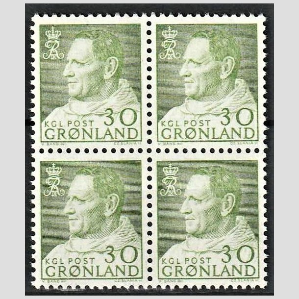 FRIMRKER GRNLAND | 1968 - AFA 71 - Kong Frederik IX - 30 re grn i 4-blok - Postfrisk