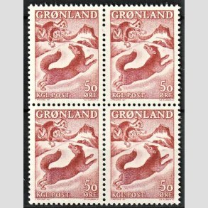FRIMRKER GRNLAND | 1966 - AFA 66 - Drengen og Rven - 50 re brunrd i 4-blok - Postfrisk