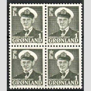 FRIMRKER GRNLAND | 1950 - AFA 28 - Kong Frederik IX - 1 re grnsort i 4-blok - Postfrisk