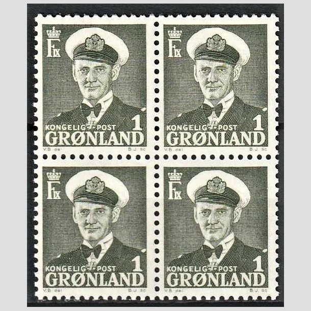 FRIMRKER GRNLAND | 1950 - AFA 28 - Kong Frederik IX - 1 re grnsort i 4-blok - Postfrisk