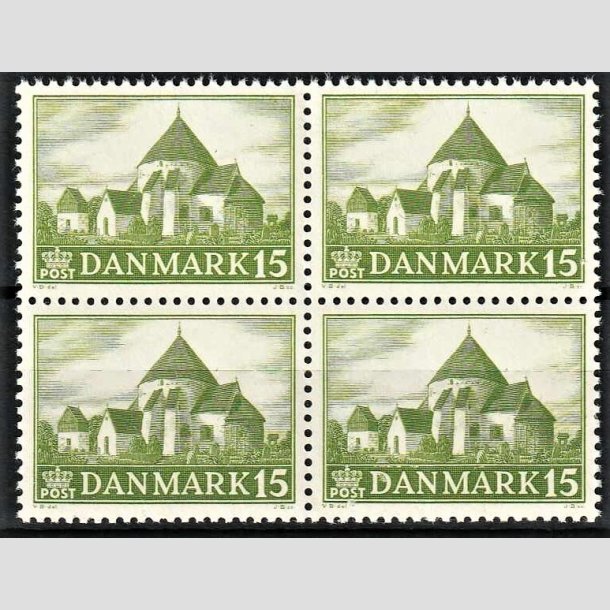 FRIMRKER DANMARK | 1944 - AFA 286 - Landsbykirker - 15 re grn i 4-blok - Postfrisk