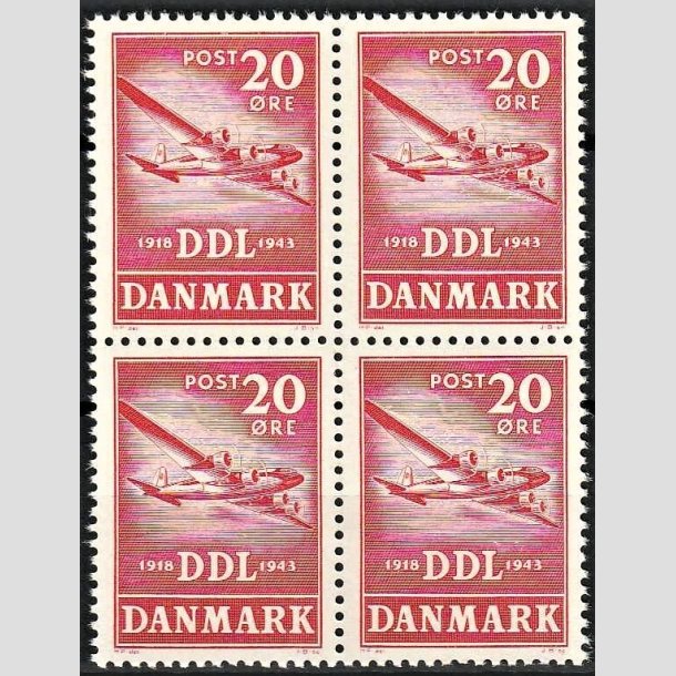FRIMRKER DANMARK | 1943 - AFA 282 - Det danske luftfartsselskab 25 r. - 20 re rd i 4-blok - Postfrisk