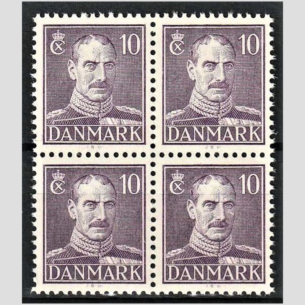 FRIMRKER DANMARK | 1942-44 - AFA 274 - Chr. X, Ny tegning - 10 re violet i 4-blok - Postfrisk