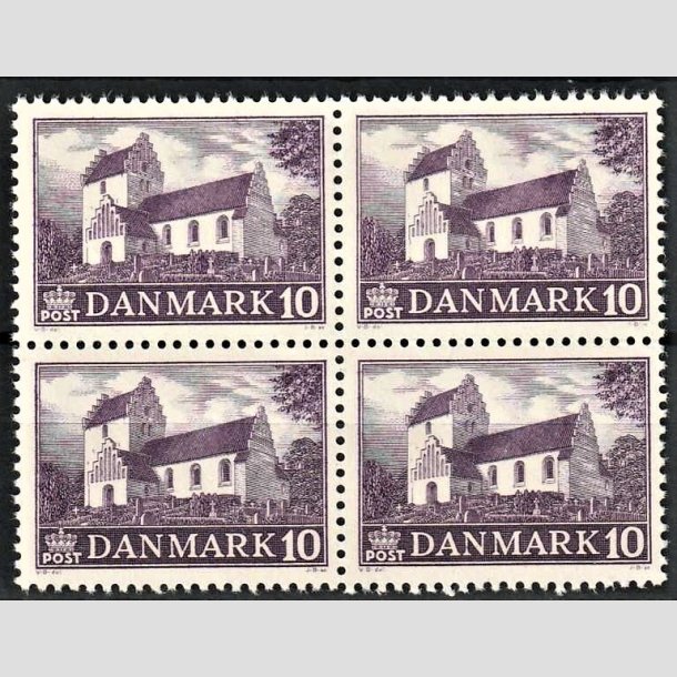 FRIMRKER DANMARK | 1944 - AFA 285 - Landsbykirker - 10 re violet i 4-blok - Postfrisk