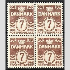 FRIMRKER DANMARK | 1940 - AFA 255 - Blgelinie - 7 re brun i 4-blok - Postfrisk