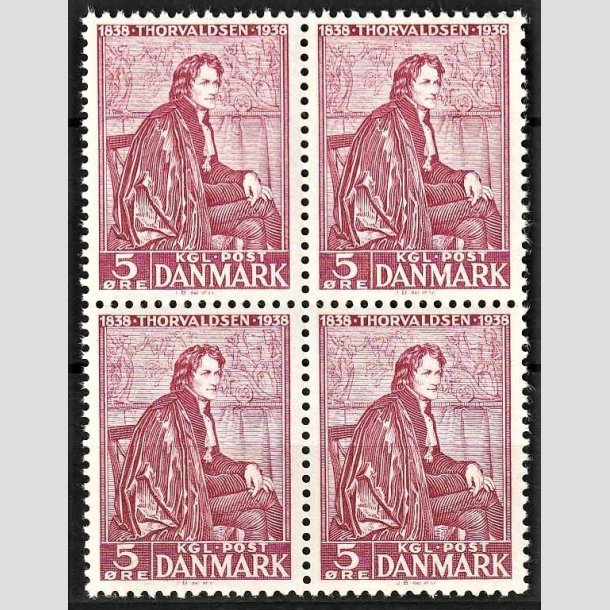 FRIMRKER DANMARK | 1938 - AFA 249 - Bertel Thorvaldsen - 5 re rdlilla i 4-blok - Postfrisk