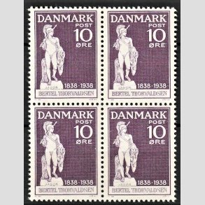 FRIMRKER DANMARK | 1938 - AFA 250 - Bertel Thorvaldsen - 10 re violet i 4-blok - Postfrisk