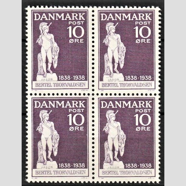 FRIMRKER DANMARK | 1938 - AFA 250 - Bertel Thorvaldsen - 10 re violet i 4-blok - Postfrisk