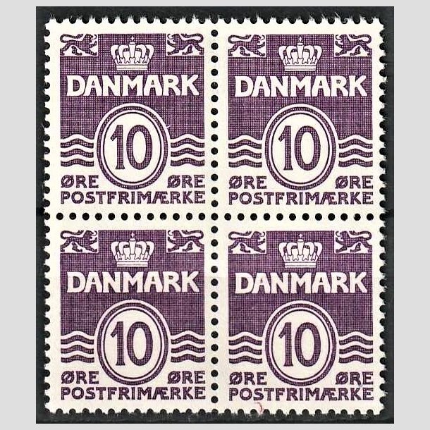 FRIMRKER DANMARK | 1938 - AFA 248a - Blgelinie - 10 re mrkviolet type I i 4-blok - Postfrisk