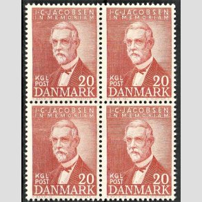 FRIMRKER DANMARK | 1947 - AFA 305 - I. C. Jacobsen - 20 re brunrd i 4-blok - Postfrisk